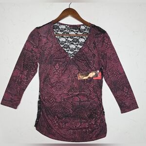 NWT BoHo Sofia Vergara  Snake Print Black Lace Top Women's Size Large